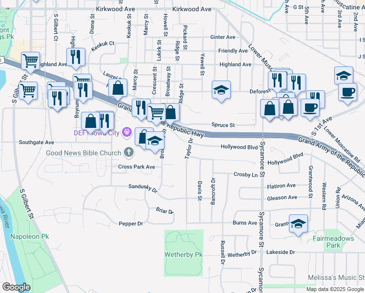 map of restaurants, bars, coffee shops, grocery stores, and more near 1908 Taylor Drive in Iowa City