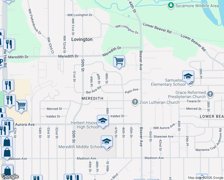 map of restaurants, bars, coffee shops, grocery stores, and more near 4712 Palm Avenue in Des Moines