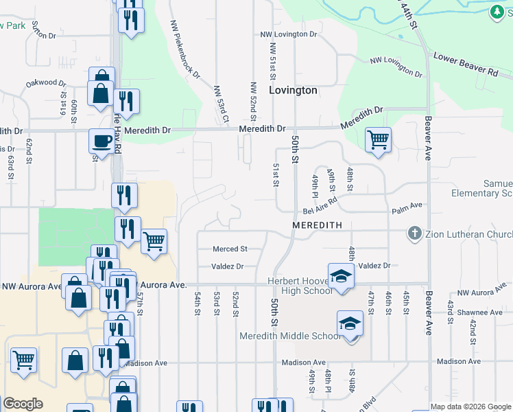 map of restaurants, bars, coffee shops, grocery stores, and more near 5116 Bel Aire Road in Des Moines