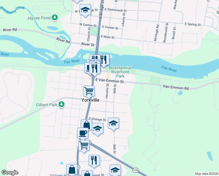 map of restaurants, bars, coffee shops, grocery stores, and more near 402 Heustis Street in Yorkville
