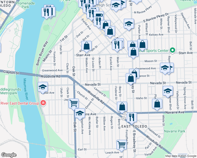 map of restaurants, bars, coffee shops, grocery stores, and more near 540 Arden Place in Toledo