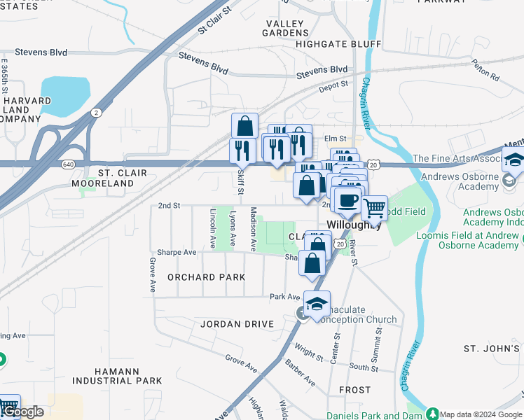 map of restaurants, bars, coffee shops, grocery stores, and more near 37728 2nd Street in Willoughby