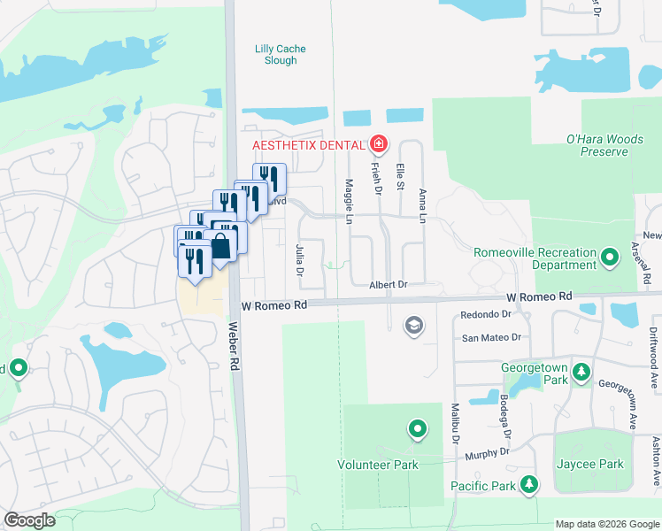 map of restaurants, bars, coffee shops, grocery stores, and more near 422 Claire Avenue in Romeoville