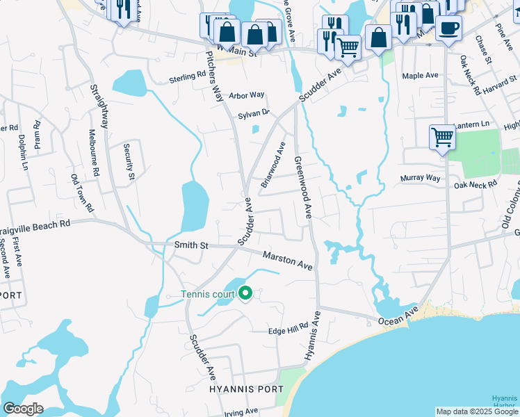 map of restaurants, bars, coffee shops, grocery stores, and more near 21 Harrington Way in Barnstable