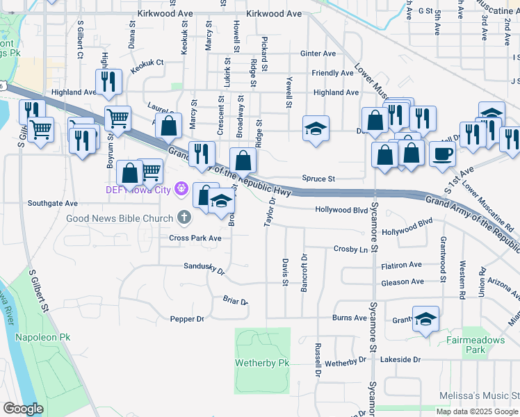 map of restaurants, bars, coffee shops, grocery stores, and more near 1908 Taylor Drive in Iowa City