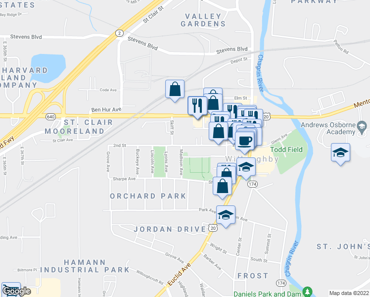 map of restaurants, bars, coffee shops, grocery stores, and more near 37720 2nd Street in Kirtland