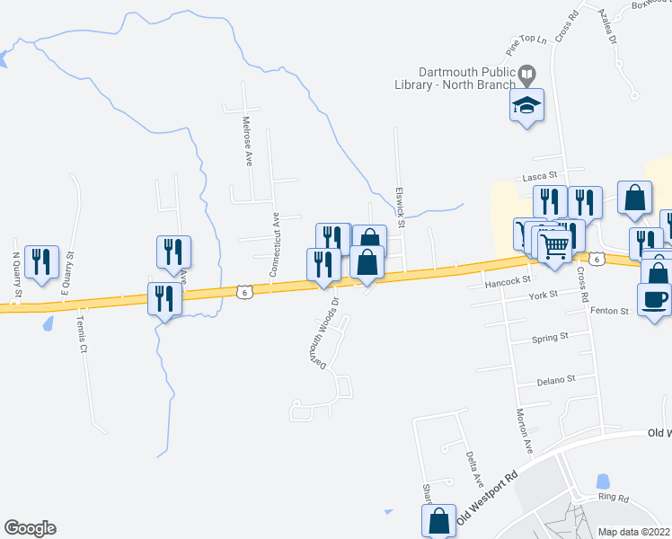 map of restaurants, bars, coffee shops, grocery stores, and more near 634 State Road in Dartmouth