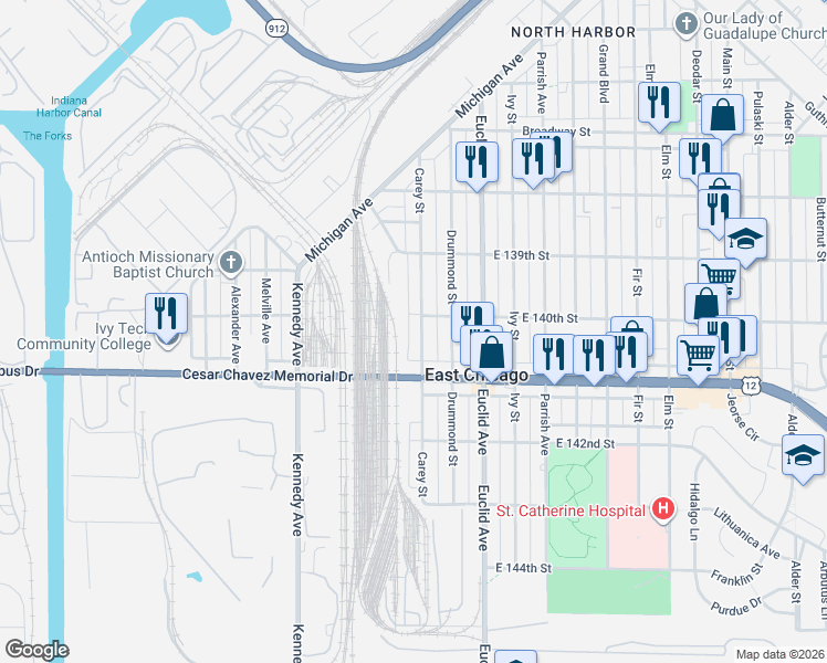 map of restaurants, bars, coffee shops, grocery stores, and more near 4020 Carey Street in East Chicago