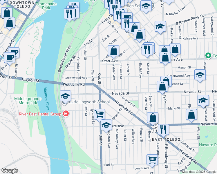 map of restaurants, bars, coffee shops, grocery stores, and more near 423 Woodville Road in Toledo