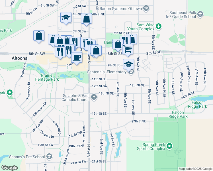map of restaurants, bars, coffee shops, grocery stores, and more near 1198 3rd Avenue Southeast in Altoona