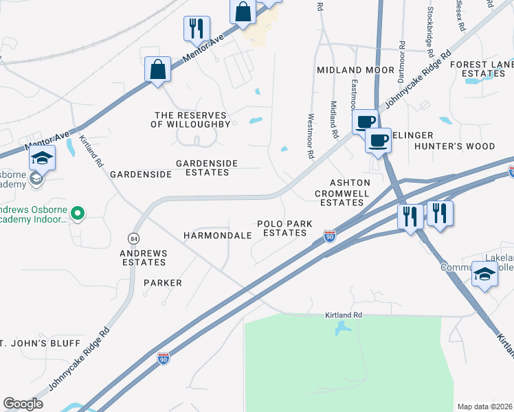 map of restaurants, bars, coffee shops, grocery stores, and more near 4239 Carl Court in Willoughby