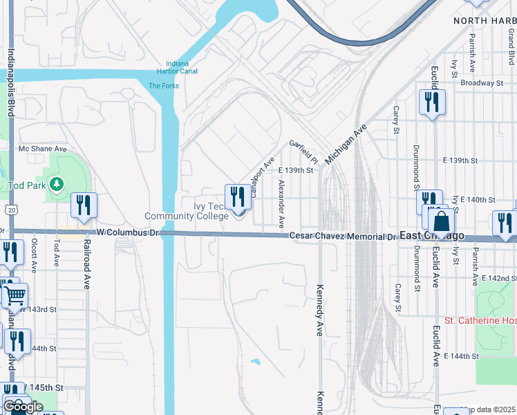 map of restaurants, bars, coffee shops, grocery stores, and more near 4010 McCook Avenue in East Chicago