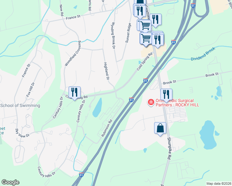 map of restaurants, bars, coffee shops, grocery stores, and more near 100 Robinson Road in Rocky Hill