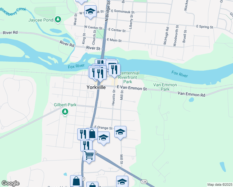 map of restaurants, bars, coffee shops, grocery stores, and more near 402 Heustis Street in Yorkville