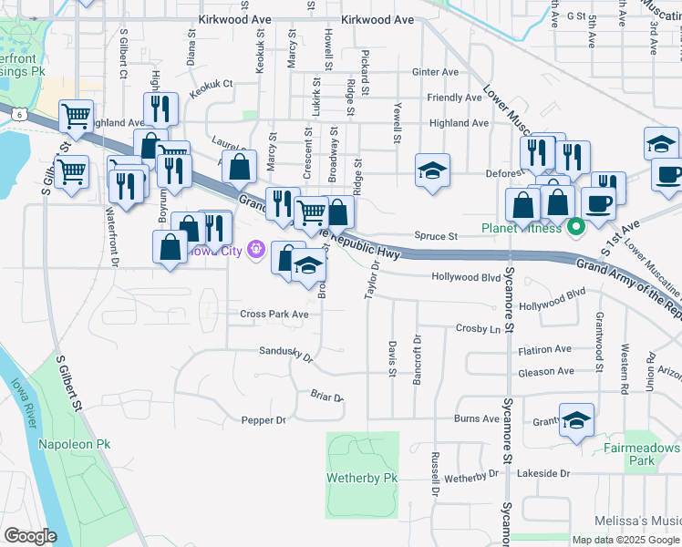 map of restaurants, bars, coffee shops, grocery stores, and more near 1956-1960 Broadway Street in Iowa City