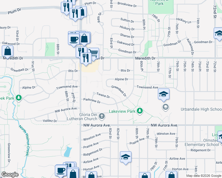 map of restaurants, bars, coffee shops, grocery stores, and more near 8211 Twana Drive in Urbandale