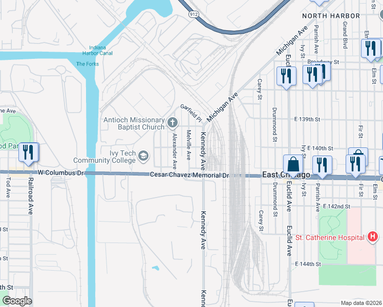 map of restaurants, bars, coffee shops, grocery stores, and more near 4026 Kennedy Avenue in East Chicago
