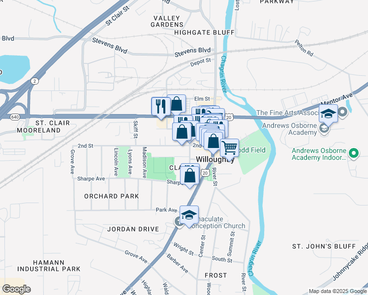 map of restaurants, bars, coffee shops, grocery stores, and more near 37931 West Spaulding Street in Willoughby