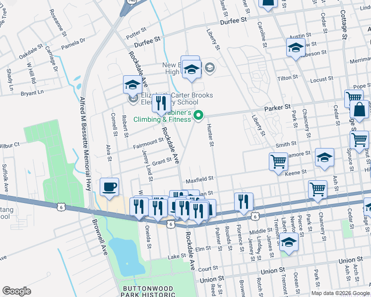 map of restaurants, bars, coffee shops, grocery stores, and more near Summit Street in New Bedford