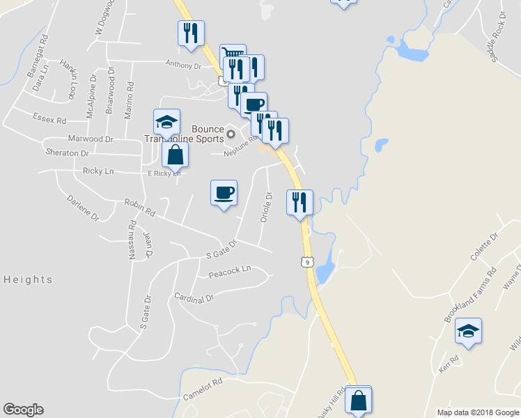map of restaurants, bars, coffee shops, grocery stores, and more near 16 Oriole Drive in Poughkeepsie