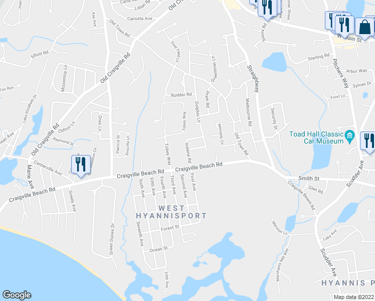 map of restaurants, bars, coffee shops, grocery stores, and more near 39 Isalene Road in Barnstable