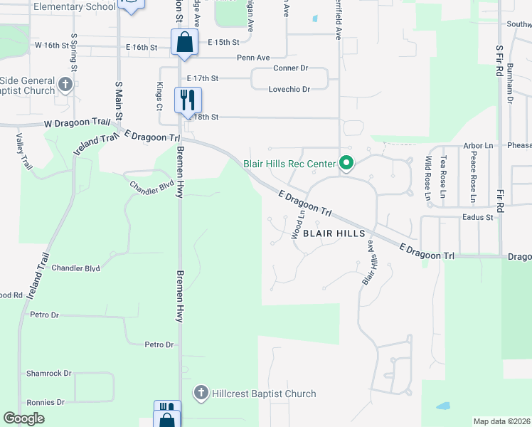 map of restaurants, bars, coffee shops, grocery stores, and more near 715 Triple Crown Road in Mishawaka