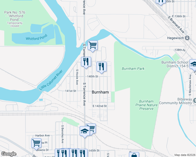 map of restaurants, bars, coffee shops, grocery stores, and more near 14027 South Marquette Avenue in Burnham
