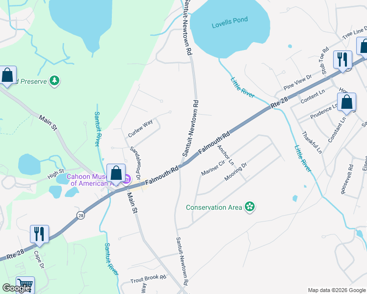 map of restaurants, bars, coffee shops, grocery stores, and more near 1627 Santuit-Newtown Road in Barnstable