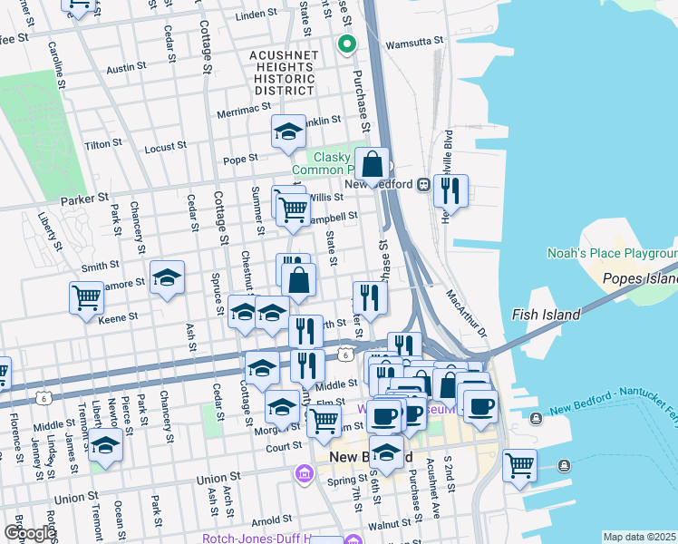 map of restaurants, bars, coffee shops, grocery stores, and more near 44 State Street in New Bedford