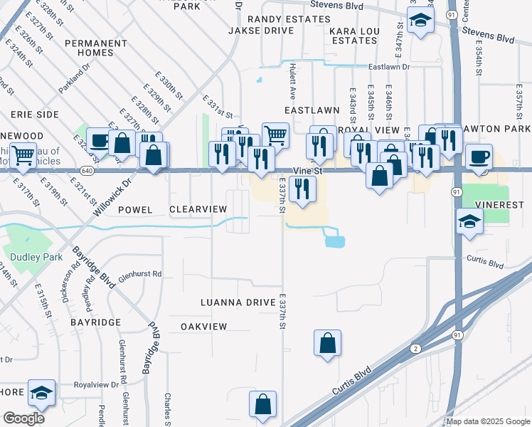 map of restaurants, bars, coffee shops, grocery stores, and more near 1490 East 337th Street in Eastlake