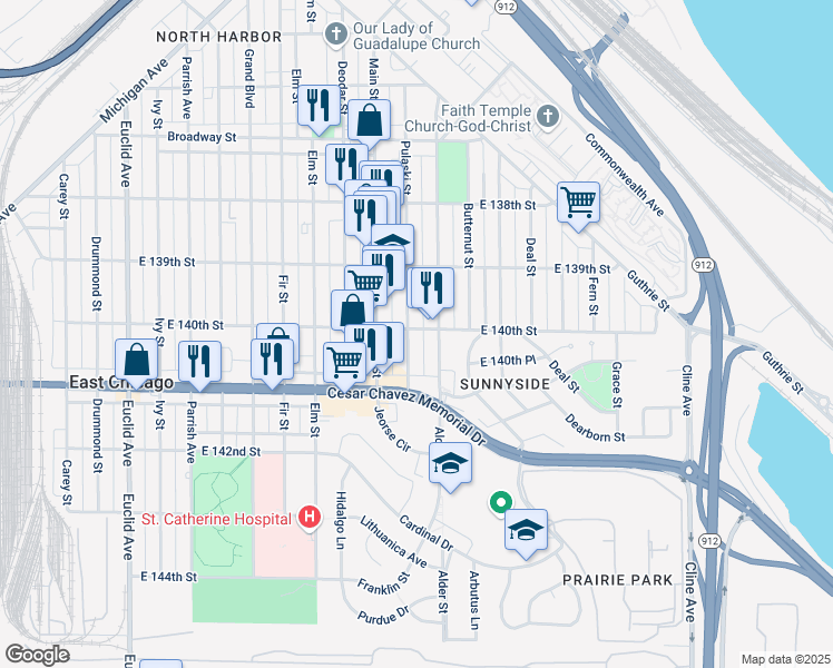 map of restaurants, bars, coffee shops, grocery stores, and more near 4016 Pulaski Street in East Chicago
