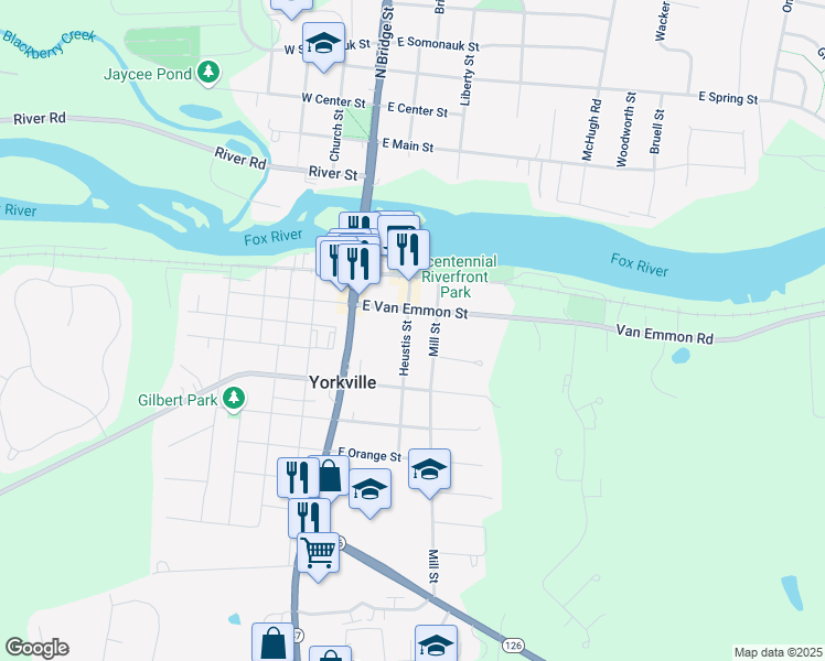 map of restaurants, bars, coffee shops, grocery stores, and more near 402 Heustis Street in Yorkville