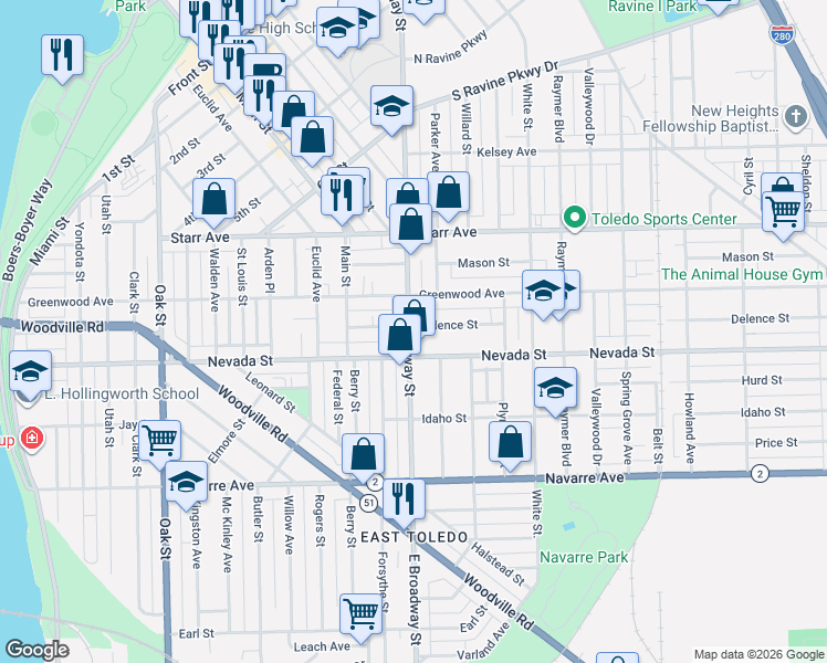 map of restaurants, bars, coffee shops, grocery stores, and more near 559 East Broadway Street in Toledo