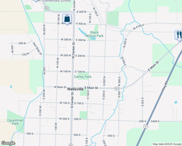 map of restaurants, bars, coffee shops, grocery stores, and more near 94 North 100 East in Wellsville