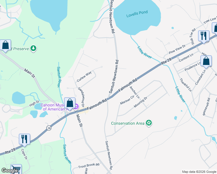 map of restaurants, bars, coffee shops, grocery stores, and more near 1627 Santuit-Newtown Road in Barnstable