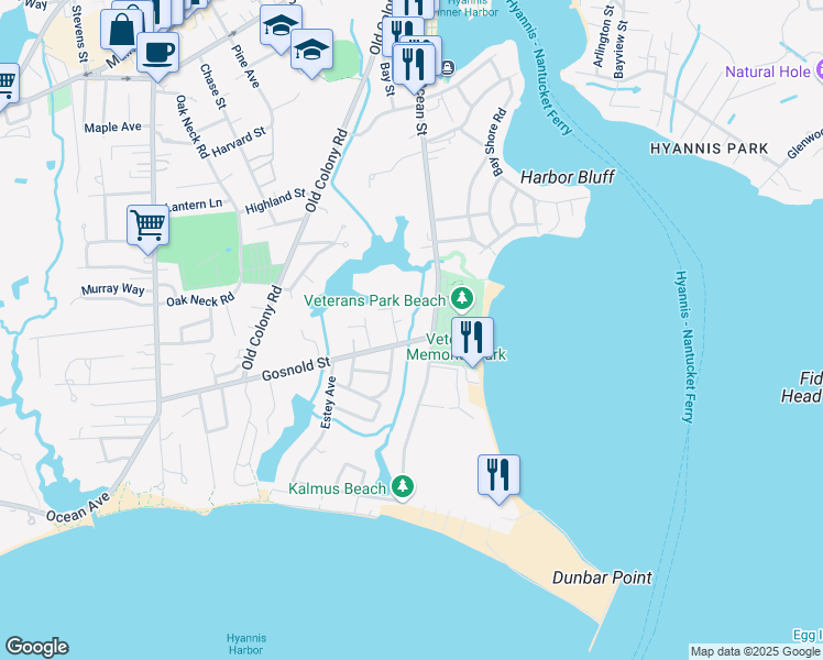 map of restaurants, bars, coffee shops, grocery stores, and more near 18 Gosnold Street in Barnstable