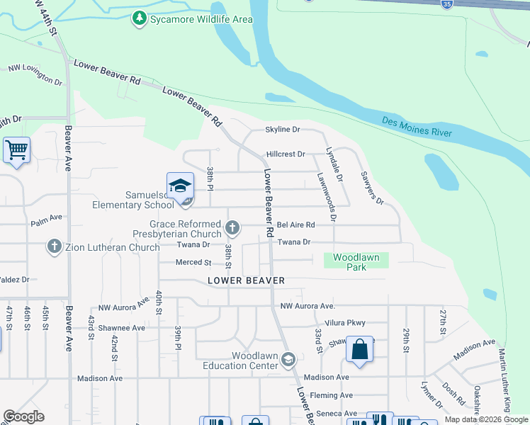 map of restaurants, bars, coffee shops, grocery stores, and more near 3500 Bel Aire Road in Des Moines