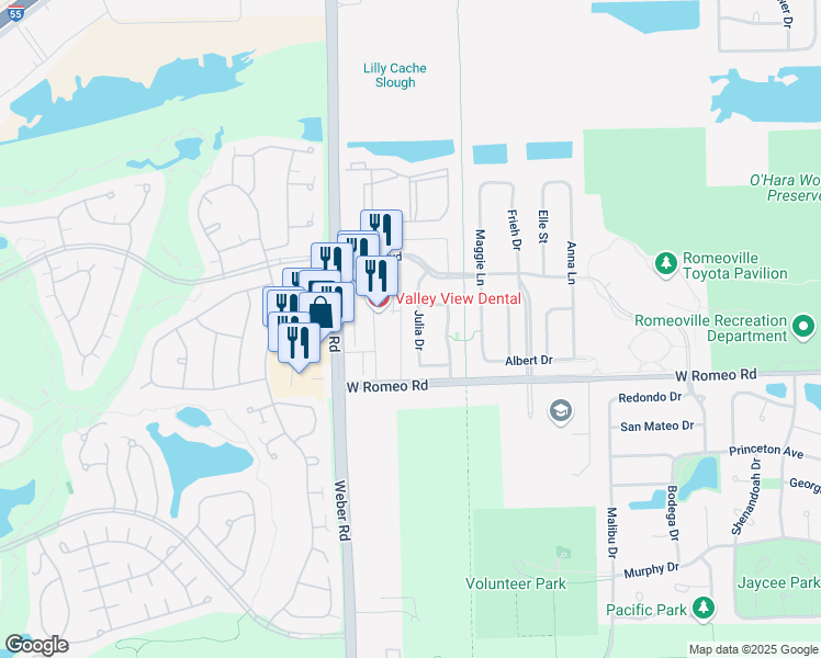 map of restaurants, bars, coffee shops, grocery stores, and more near 424 Julia Drive in Romeoville