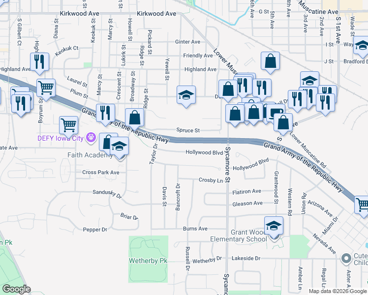 map of restaurants, bars, coffee shops, grocery stores, and more near 1411 Hollywood Boulevard in Iowa City