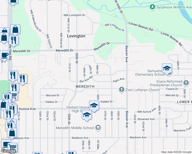 map of restaurants, bars, coffee shops, grocery stores, and more near 4808 Palm Avenue in Des Moines