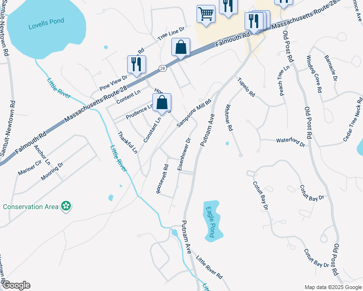 map of restaurants, bars, coffee shops, grocery stores, and more near 102 Eisenhower Drive in Barnstable