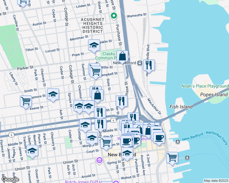 map of restaurants, bars, coffee shops, grocery stores, and more near 44 State Street in New Bedford
