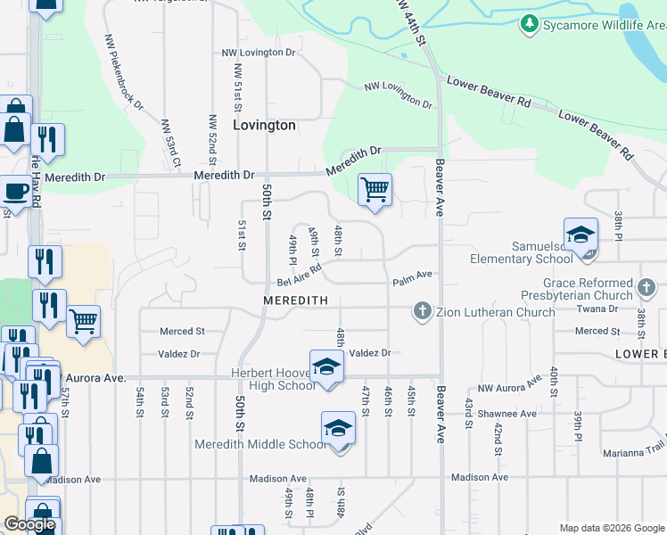 map of restaurants, bars, coffee shops, grocery stores, and more near 4808 Palm Avenue in Des Moines