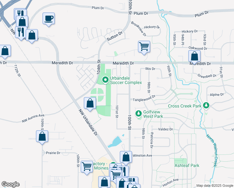 map of restaurants, bars, coffee shops, grocery stores, and more near Tanglewood Drive in Urbandale