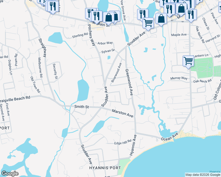 map of restaurants, bars, coffee shops, grocery stores, and more near 21 Harrington Way in Barnstable