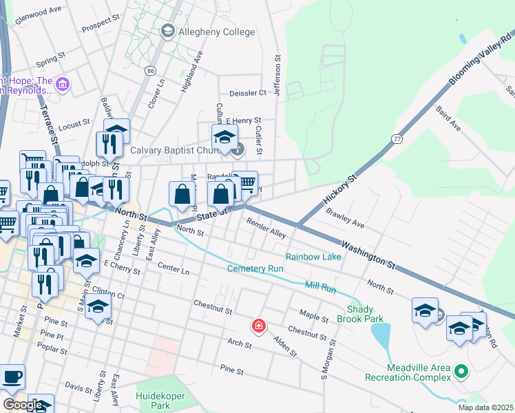 map of restaurants, bars, coffee shops, grocery stores, and more near 575 Washington Street in Meadville