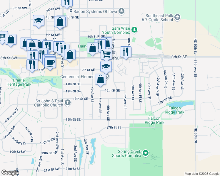 map of restaurants, bars, coffee shops, grocery stores, and more near 603 13th Street Southeast in Altoona