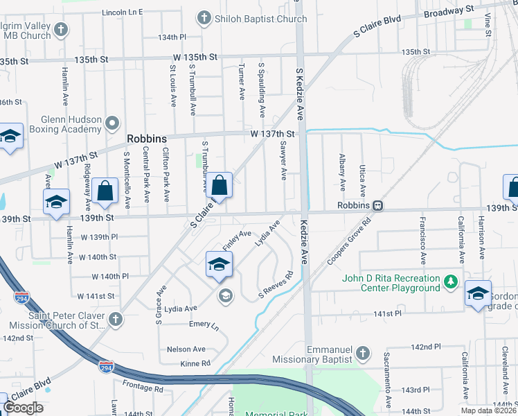 map of restaurants, bars, coffee shops, grocery stores, and more near 13823 Turner Avenue in Robbins