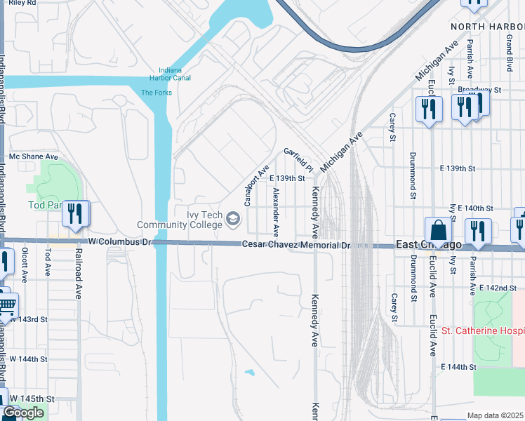 map of restaurants, bars, coffee shops, grocery stores, and more near 3919 Mc Cook Avenue in East Chicago
