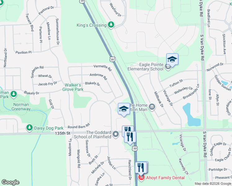 map of restaurants, bars, coffee shops, grocery stores, and more near 24854 Ambrose Road in Plainfield